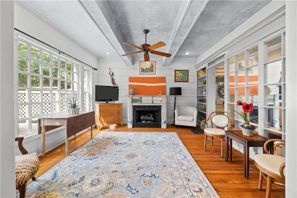 Fireplace, Interior, Recessed Lighting, Wood Texture Flooring