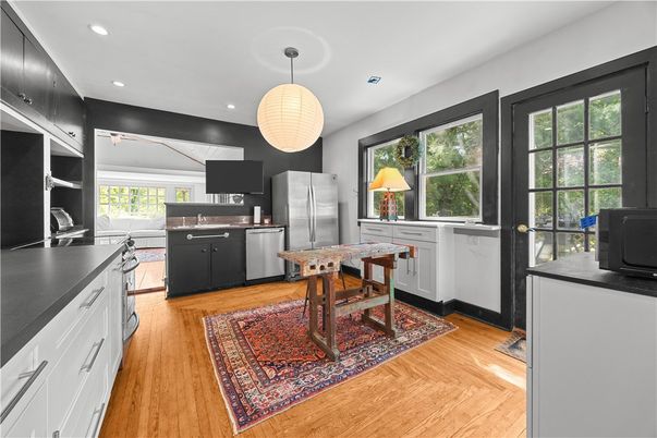Interior, Kitchen, Pendant Lights, Recessed Lighting, Wood Texture Flooring