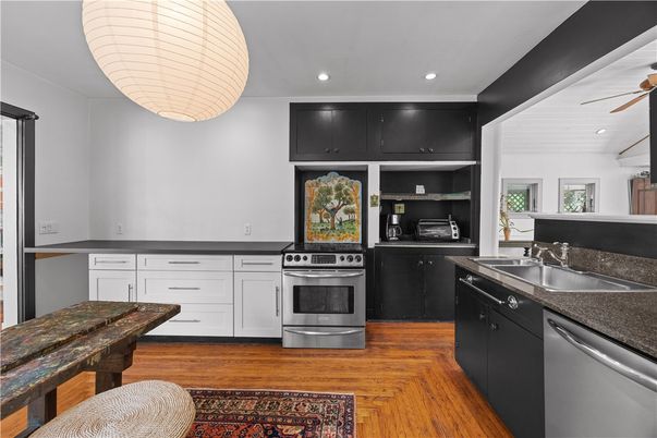 Interior, Kitchen, Recessed Lighting, Stainless Steel Appliances, Wood Texture Flooring