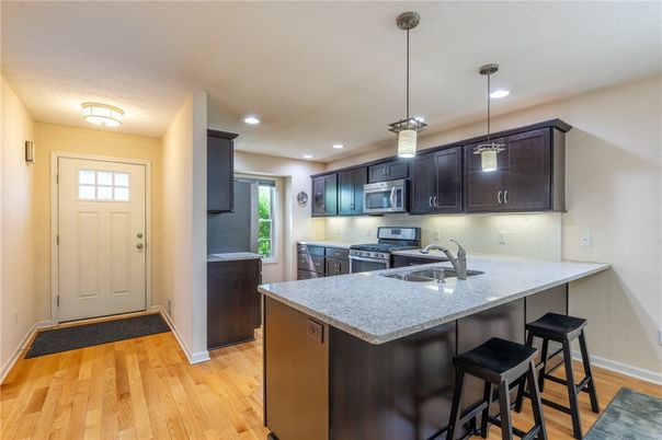 Interior, Kitchen, Pendant Lights, Recessed Lighting, Wood Texture Flooring