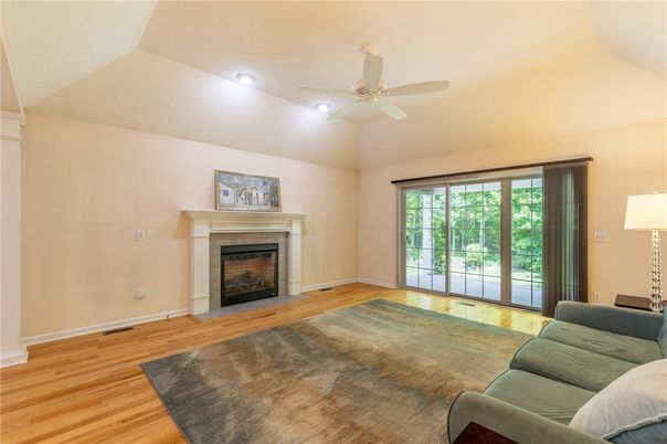 Fireplace, Interior, Living room, Recessed Lighting, Wood Texture Flooring