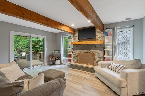 Fireplace, Interior, Living room, Recessed Lighting, Wooden Beams, Wood Texture Flooring