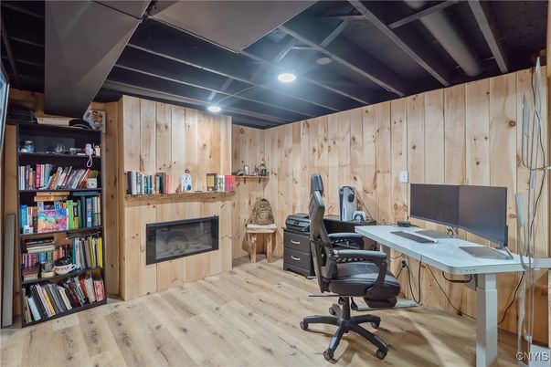 Fireplace, Home Office, Interior, Wood Texture Flooring, Wooden Walls