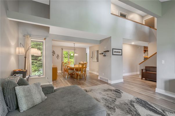 Dining room, Interior, Pendant Lights, Recessed Lighting, Wood Texture Flooring