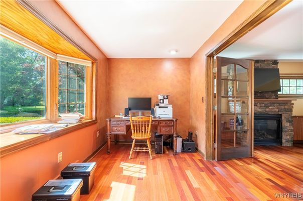 Fireplace, Home Office, Interior, Recessed Lighting, Wood Texture Flooring