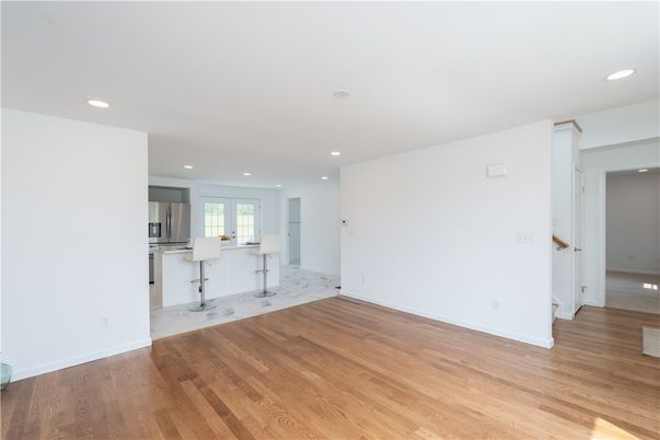 Empty room, Interior, Kitchen, Recessed Lighting, Wood Texture Flooring