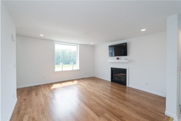 Empty room, Fireplace, Interior, Recessed Lighting, Wood Texture Flooring