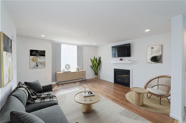 Fireplace, Interior, Living room, Recessed Lighting, Wood Texture Flooring