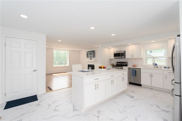 Interior, Kitchen, Marble, Recessed Lighting, Stainless Steel Appliances