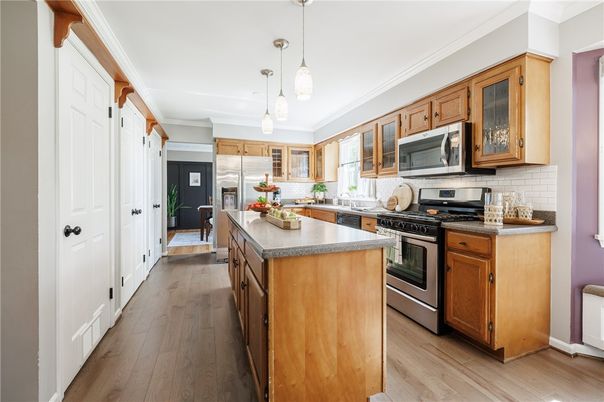 Interior, Kitchen, Pendant Lights, Stainless Steel Appliances, Wood Texture Flooring
