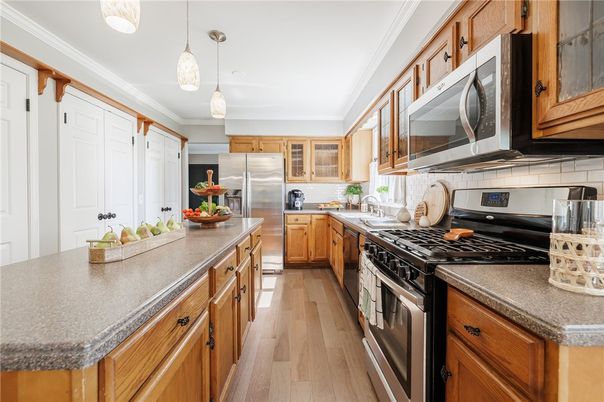 Interior, Kitchen, Pendant Lights, Stainless Steel Appliances, Wood Texture Flooring