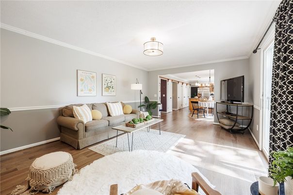 Dining room, Interior, Living room, Pendant Lights, Wood Texture Flooring