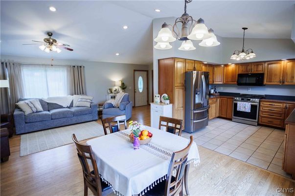 Chandelier, Dining room, Interior, Kitchen, Living room, Pendant Lights, Recessed Lighting, Wood Texture Flooring