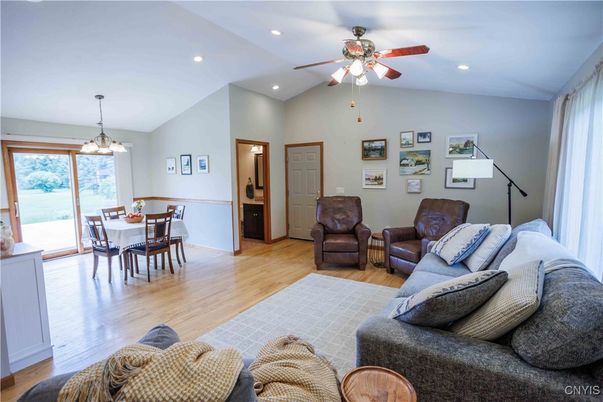 Dining room, Interior, Living room, Pendant Lights, Recessed Lighting, Wood Texture Flooring