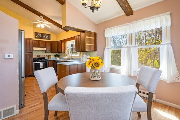 Chandelier, Dining room, Interior, Kitchen, Wooden Beams, Wood Texture Flooring