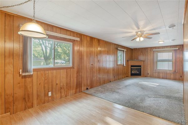 Empty room, Fireplace, Interior, Pendant Lights, Wood Texture Flooring, Wooden Walls