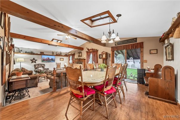 Chandelier, Dining room, Interior, Living room, Wooden Beams, Wood Texture Flooring