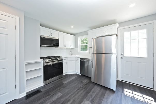Interior, Kitchen, Recessed Lighting, Stainless Steel Appliances, Wood Texture Flooring