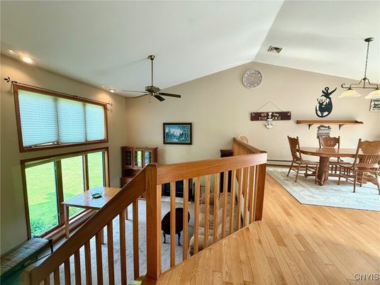 Dining room, Interior, Pendant Lights, Recessed Lighting, Wood Texture Flooring
