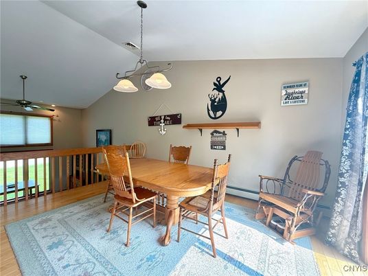 Dining room, Interior, Pendant Lights, Recessed Lighting, Wood Texture Flooring