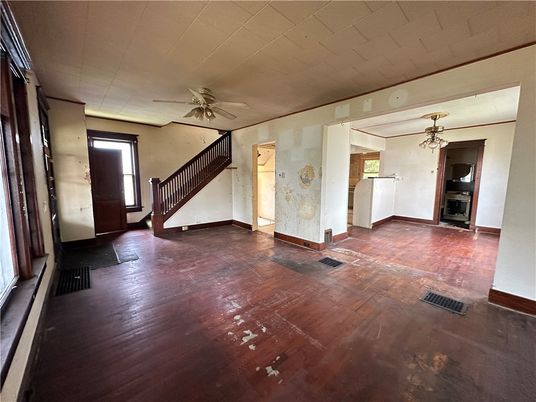 Empty room, Interior, Pendant Lights, Wood Texture Flooring