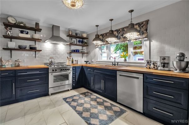 Interior, Kitchen, Marble, Pendant Lights, Stainless Steel Appliances