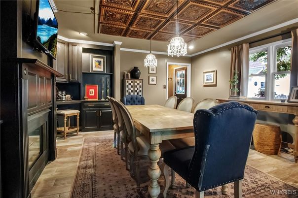 Dining room, Interior, Pendant Lights, Wood Texture Flooring