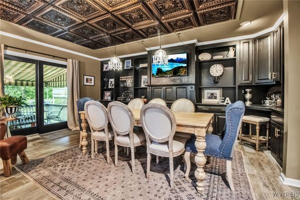 Dining room, Interior, Pendant Lights, Wood Texture Flooring