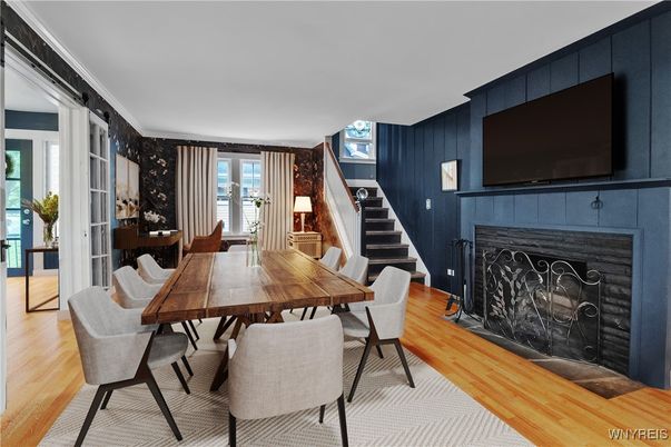 Dining room, Fireplace, Interior, Wood Texture Flooring