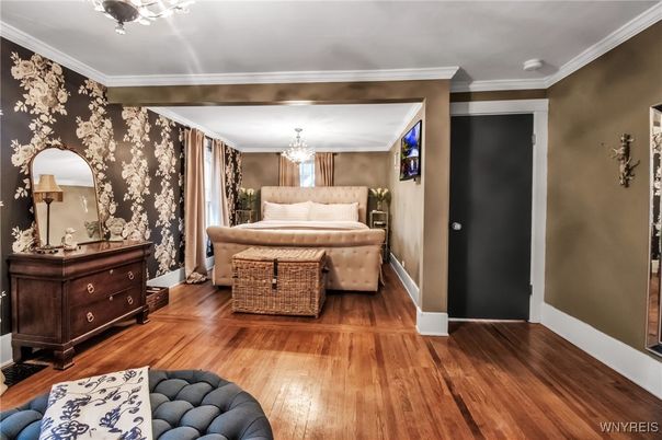 Bedroom, Chandelier, Interior, Wood Texture Flooring