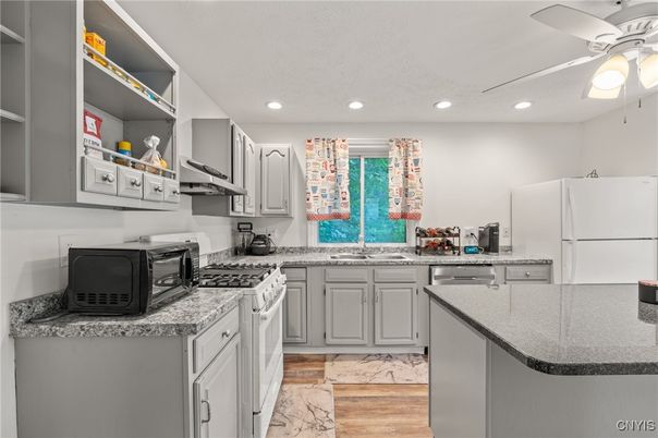 Interior, Kitchen, Marble, Recessed Lighting, Wood Texture Flooring