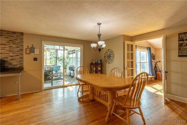 Chandelier, Dining room, Interior, Stone Walls, Wood Texture Flooring