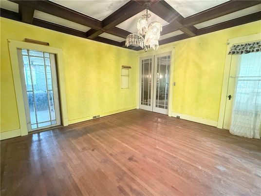 Chandelier, Empty room, Interior, Recessed Lighting, Wooden Beams, Wood Texture Flooring