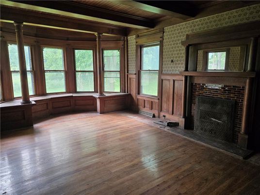 Empty room, Fireplace, Interior, Stone Walls, Wooden Beams, Wooden Ceilings, Wood Texture Flooring