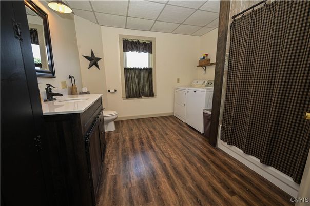 Bathroom, Interior, Washer, Wood Texture Flooring