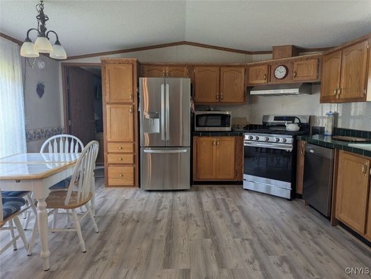 Dining room, Interior, Kitchen, Stainless Steel Appliances, Wood Texture Flooring
