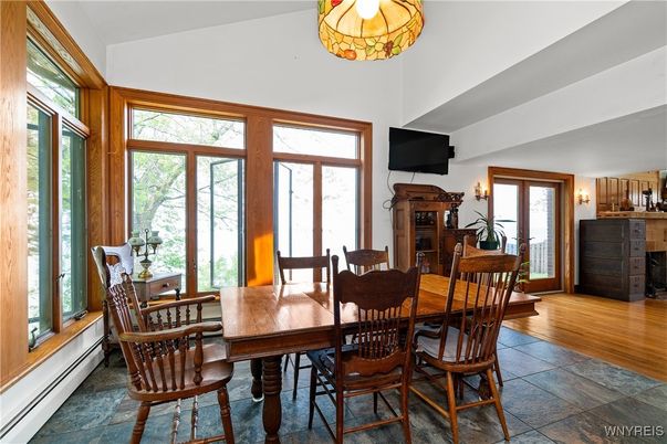 Dining room, Fireplace, Interior, Wood Texture Flooring