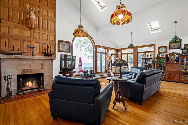 Fireplace, Interior, Living room, Pendant Lights, Wood Texture Flooring, Wooden Walls