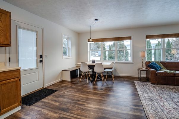 Dining room, Interior, Pendant Lights, Wood Texture Flooring