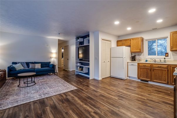 Interior, Kitchen, Living room, Recessed Lighting, Wood Texture Flooring