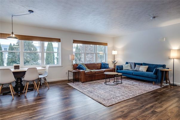 Dining room, Interior, Living room, Pendant Lights, Wood Texture Flooring