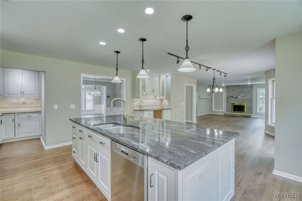 Fireplace, Interior, Kitchen, Pendant Lights, Recessed Lighting, Wood Texture Flooring