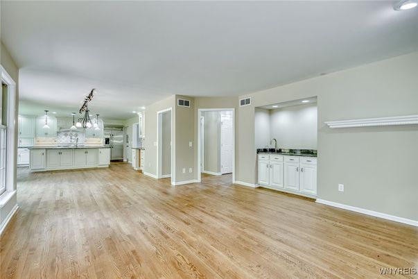 Empty room, Interior, Kitchen, Pendant Lights, Recessed Lighting, Wood Texture Flooring