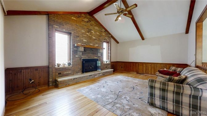Fireplace, Interior, Living room, Stone Walls, Wooden Beams, Wood Texture Flooring