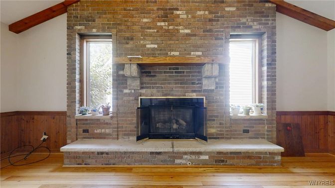 Fireplace, Interior, Stone Walls, Wooden Beams, Wood Texture Flooring
