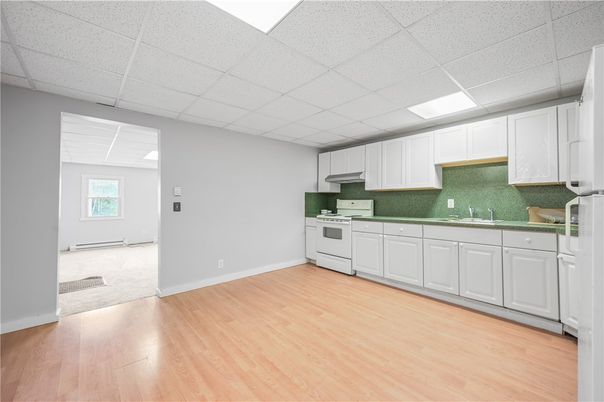 Empty room, Interior, Kitchen, Recessed Lighting, Wood Texture Flooring