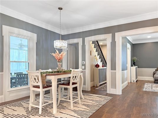 Dining room, Interior, Pendant Lights, Recessed Lighting, Wood Texture Flooring