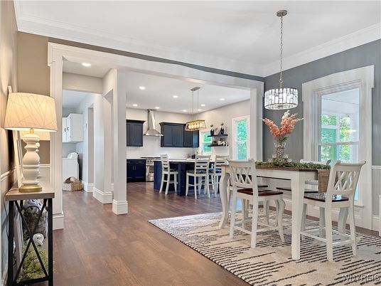 Dining room, Interior, Kitchen, Pendant Lights, Recessed Lighting, Wood Texture Flooring