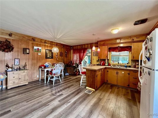 Dining room, Interior, Kitchen, Pendant Lights, Wood Texture Flooring, Wooden Walls