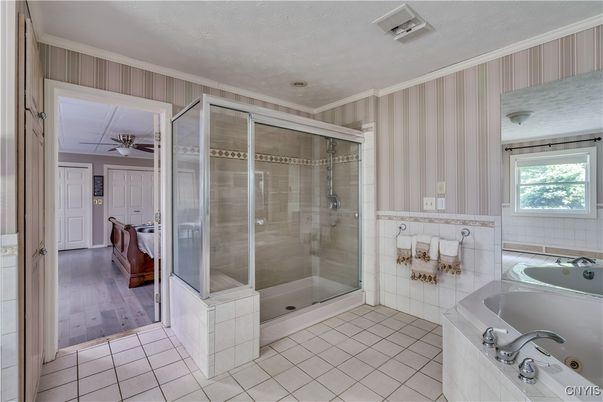 Bathroom, Glass Shower, Interior, Wood Texture Flooring